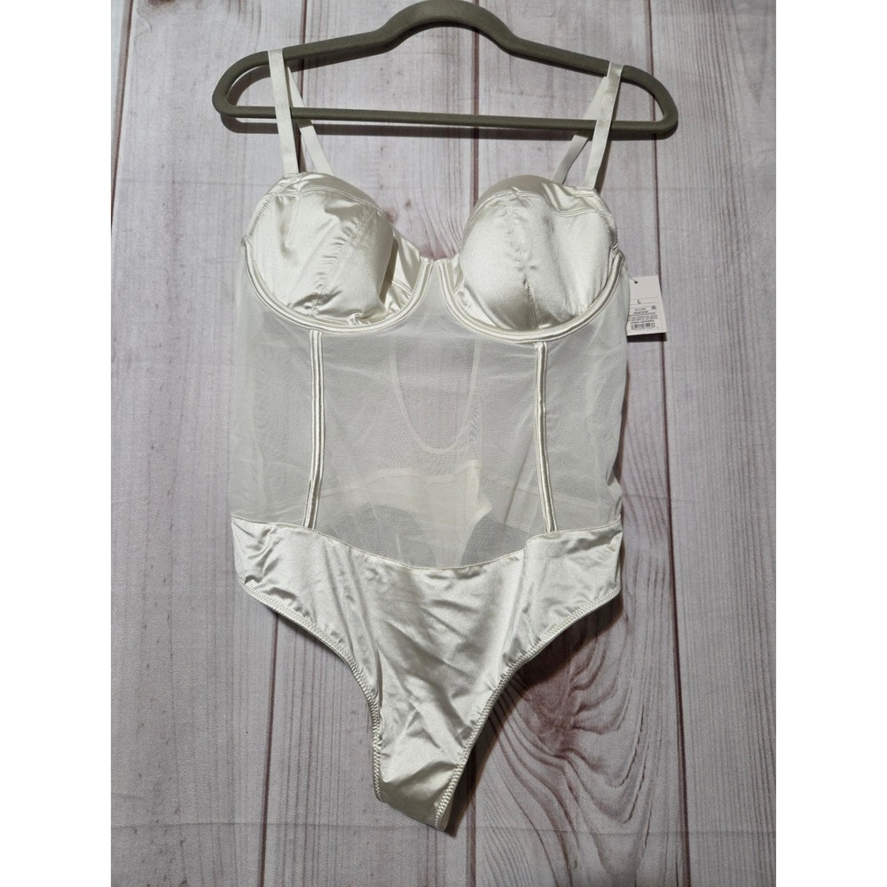 Auden Womens Cream Satin and‎ Mesh Underwire Bodysuit Lingerie Large NWT